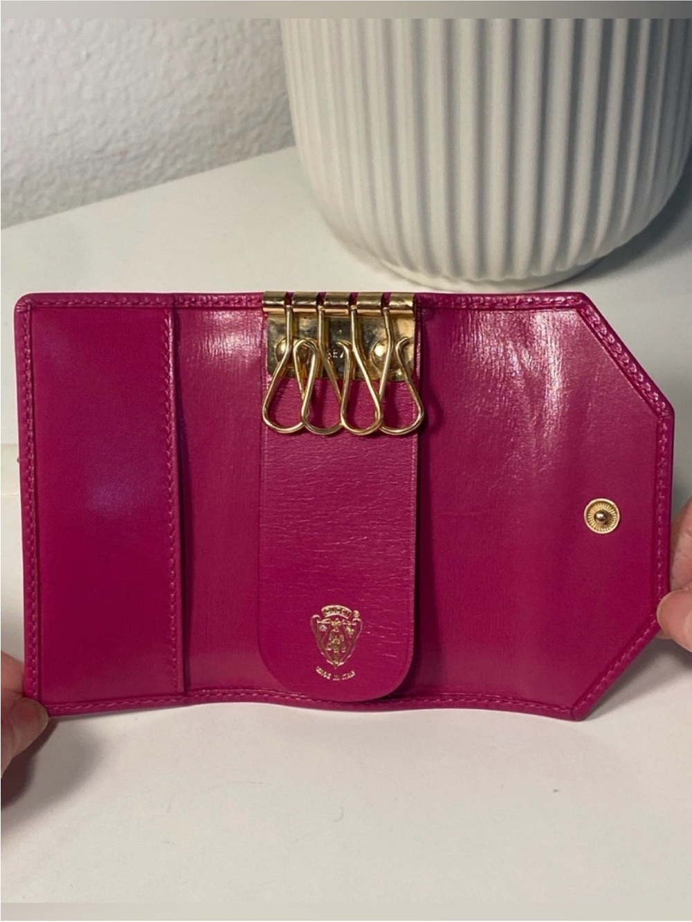 Gucci Fuchsia Leather cabochon Card Case with Gold-Tone Emblem vintage - Picture 3 of 9